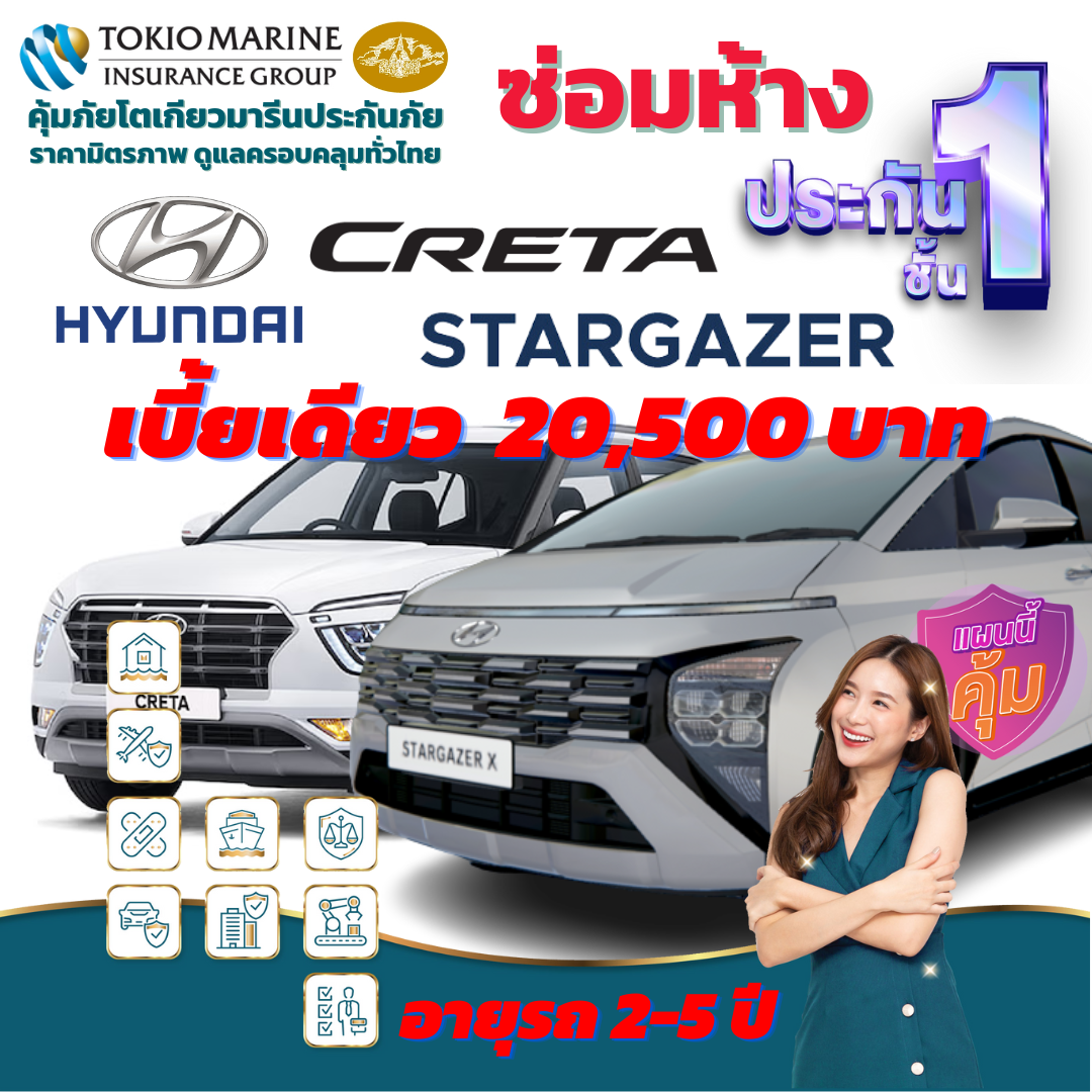 ประกันภัยรถยนต์ชั้น 1 ซ่อมห้าง สำหรับรถ HYNUDAI CRETA และ STARGAZER เบี้ยเดียว 20,500 บาท คุ้มค่า เบี้ยถูก ความคุ้มครองสูง